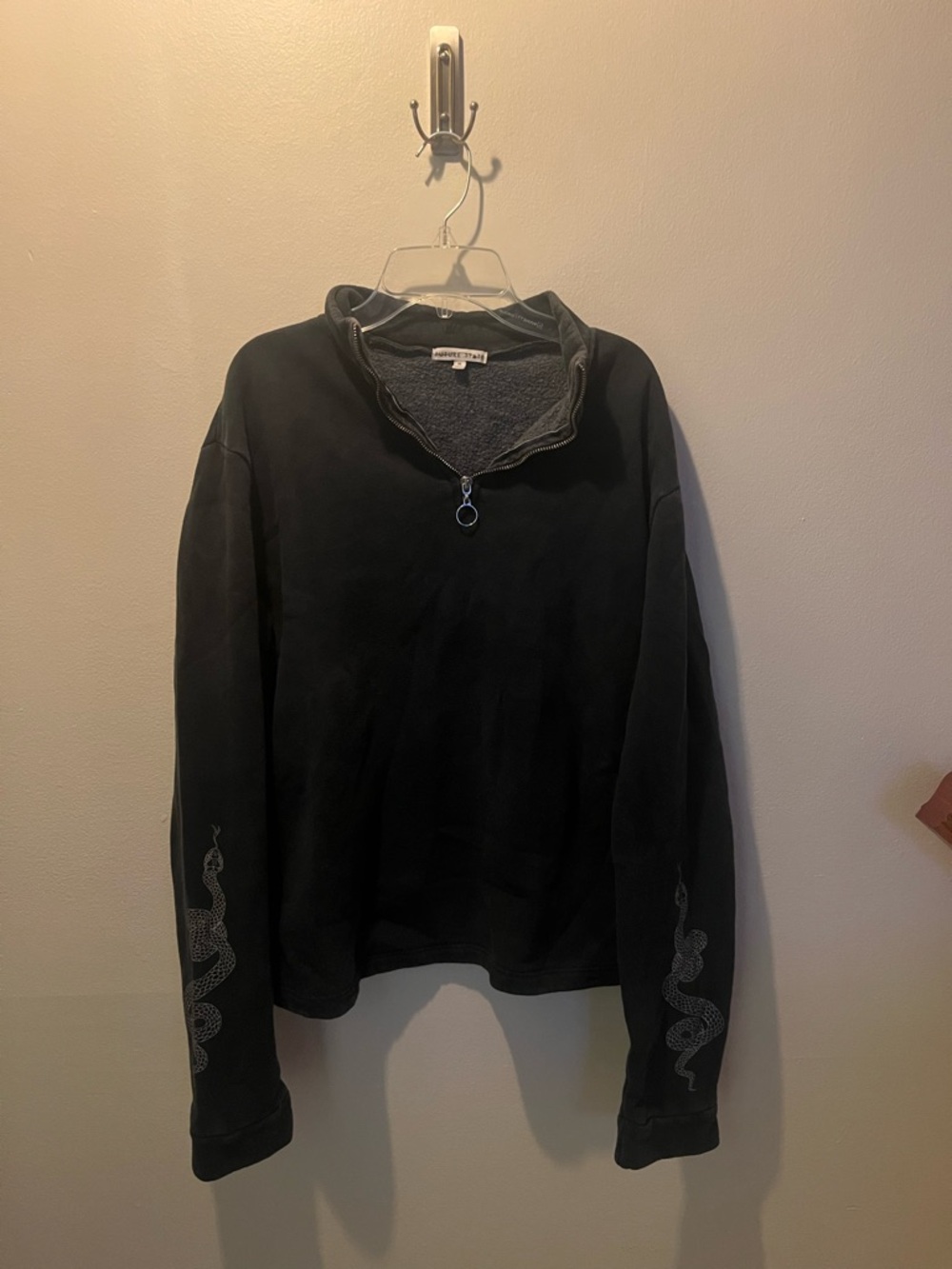 Urban Outfitters Navy Quarter-Zip Sweatshirt with Sleeve Snake Detail